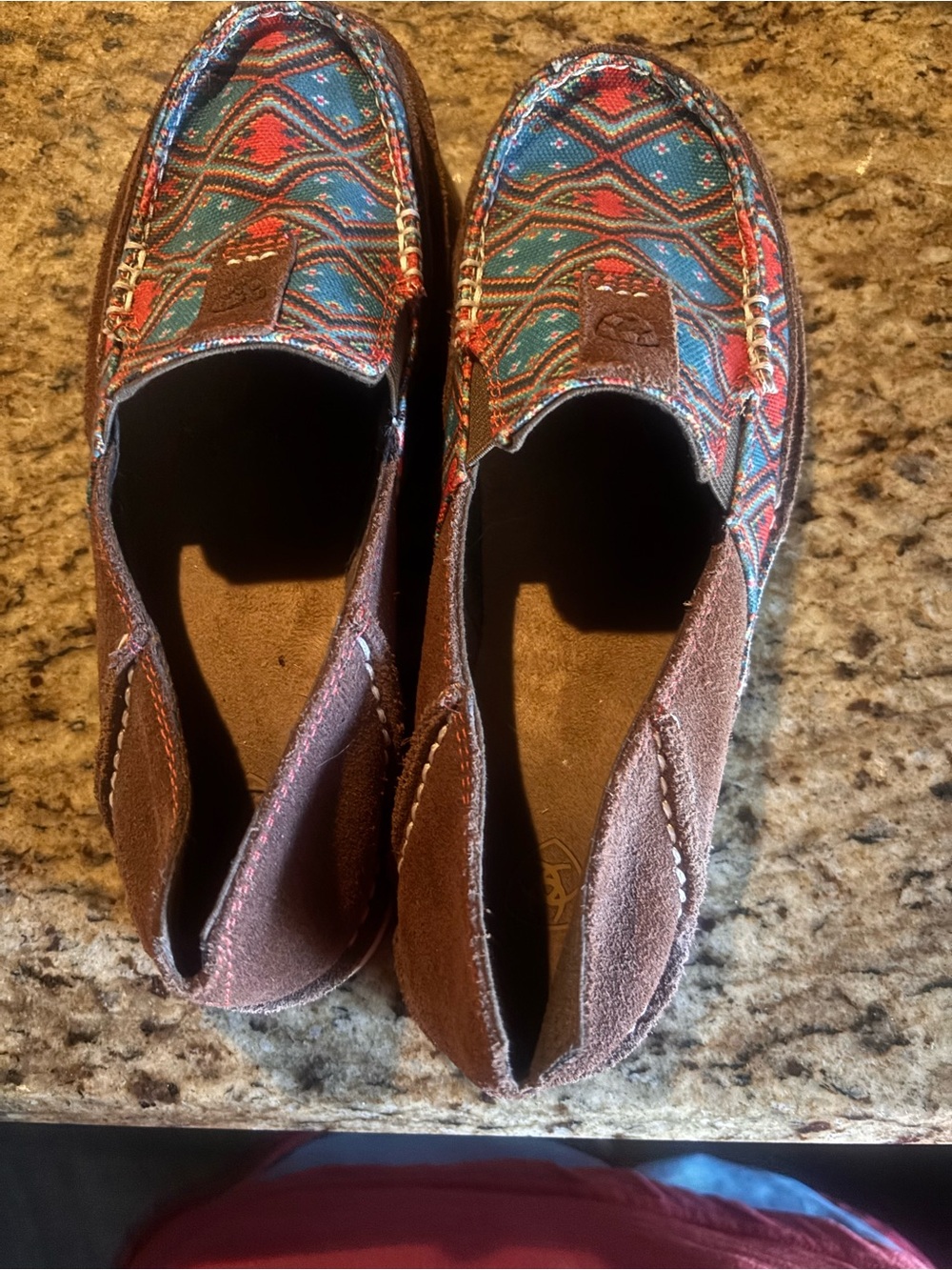 Ariat Brown Suede Slip-On Moccasins with Multicolor Aztec Print